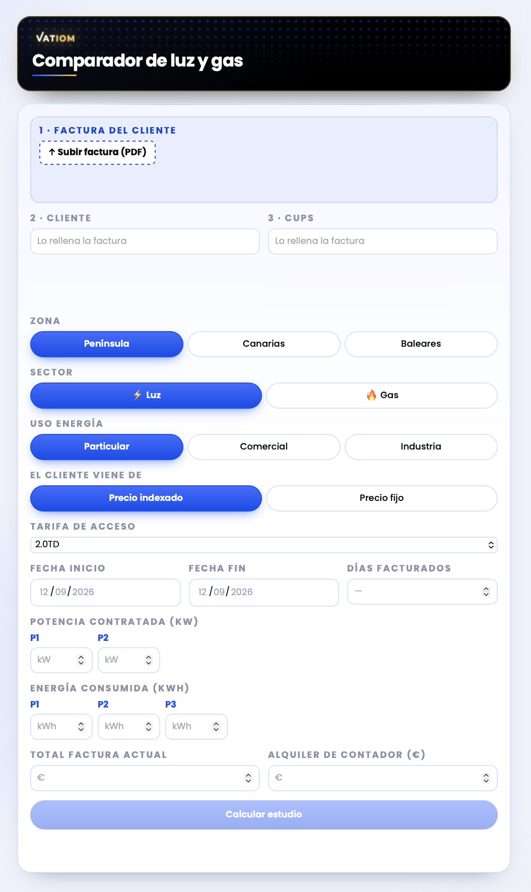 Formulario del comparador de Vatiom con los datos del suministro