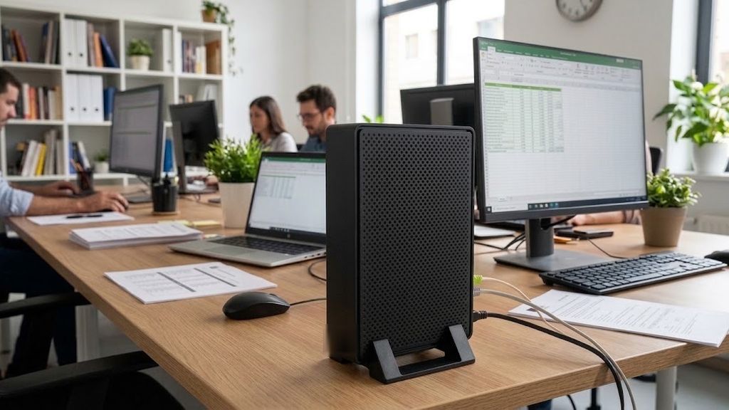 Router de fibra sobre la mesa de una oficina con varios puestos de trabajo al fondo